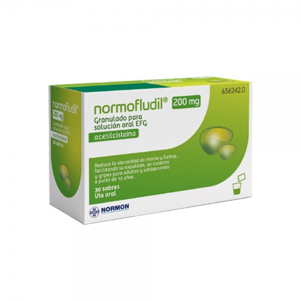 Acetilcisteina en embarazadas: Normofludil 200 mg granulado para solución oral EFG (Ficha técnica)