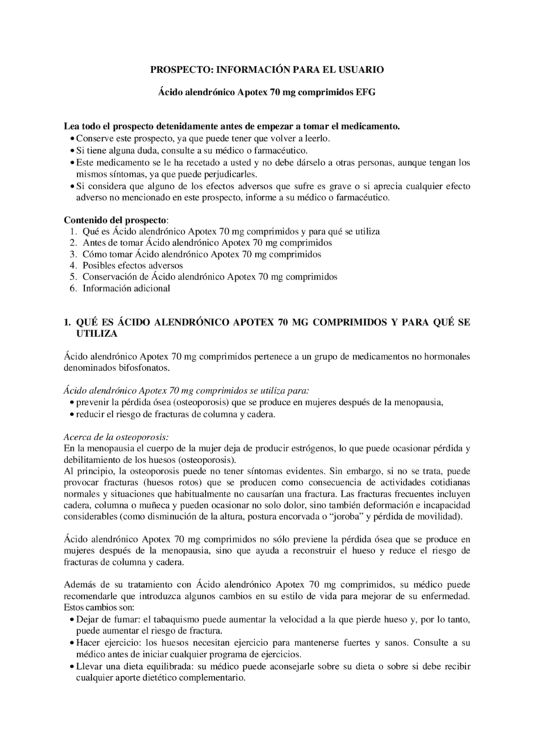 Ácido alendrónico 70 mg: prospecto, uso y caída del cabello