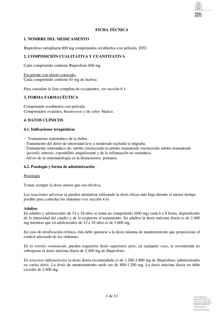 Acido P-Isobutilfenil Propiónico: Ficha técnica de Ibuprofeno Gineladius 600 mg Comprimidos Recubiertos con Película EFG