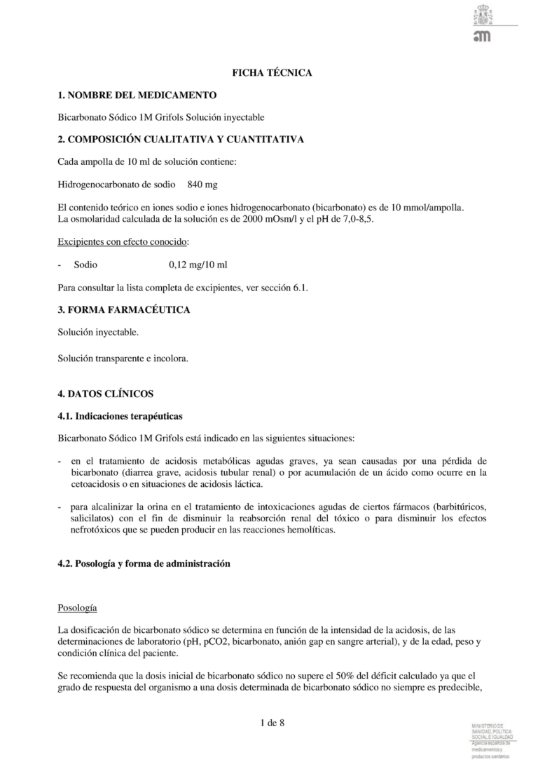 Bicarbonato Sódico Inyectable: Ficha Técnica y Solución Grifols 1M