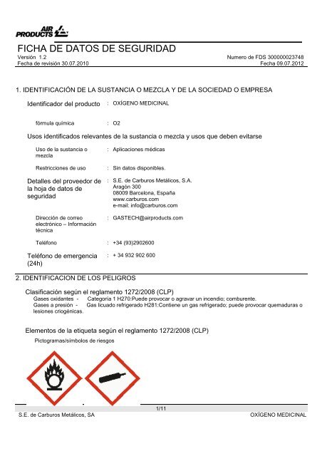 Carburos Metálicos Aranjuez: Prospecto de Oxígeno Medicinal Líquido y Gas para Inhalación al 99,5% V/V en Recipientes Criogénicos Móviles