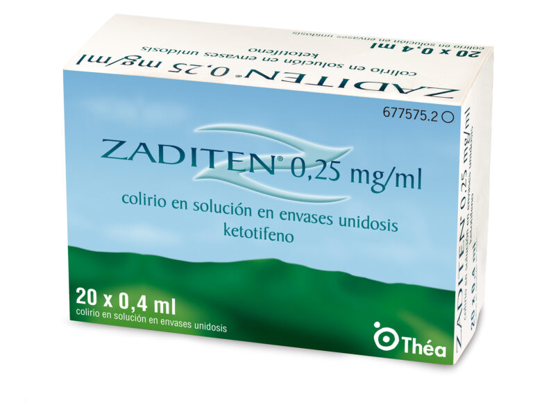 Colirio antihistamínico monodosis Zaditen 0,25 mg/ml: Prospecto y envase único