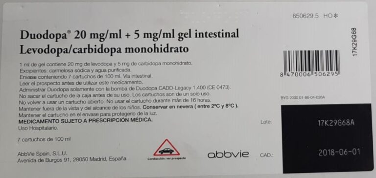 DUODOPA 20 mg/ml + 5 mg/ml: Fórmula y especificaciones del gel intestinal