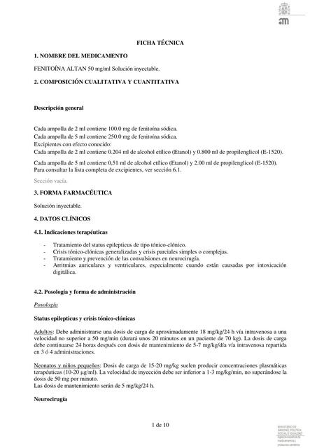 Fenitoína ALTAN 50 mg/ml: Ficha Técnica, Solución Inyectable | Cuántos Minutos Tiene 24 Horas