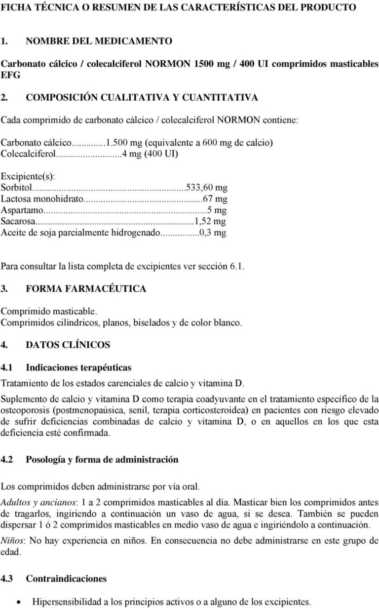 Ficha Técnica del Carbonato de Calcio y Colecalciferol Normon 1500mg/400U.I. – Comprimidos Masticables EFG