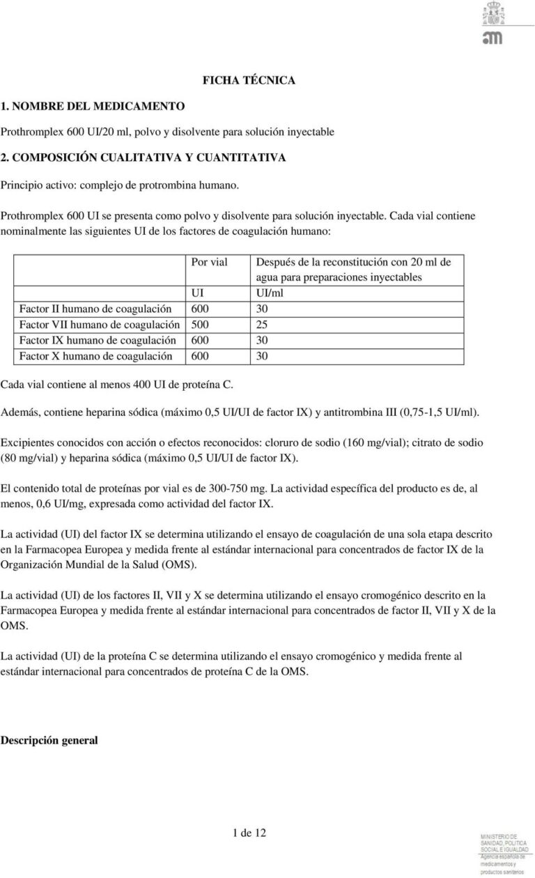 Ficha Técnica Prothromplex Total: 600 UI / 20 ml – Solución Inyectable