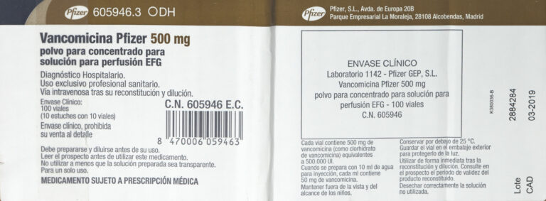 Ficha Técnica Vancomicina Pfizer 500 mg: Polvo para Concentrado para Solución para Perfusión – EFG