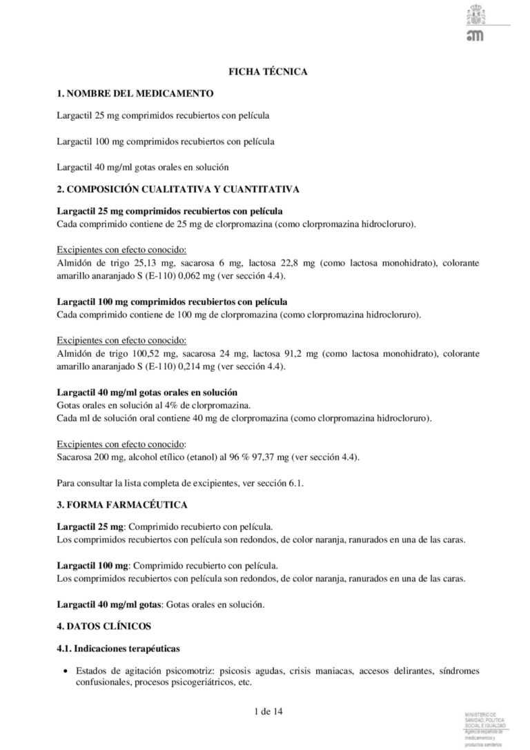 Largactil 25 mg Comprimidos Recubiertos con Película: Ficha Técnica y Efectos Secundarios