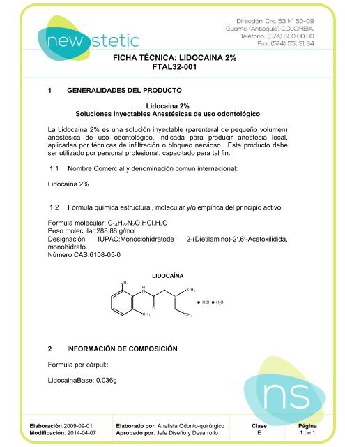 Lidocaína Clorhidrato 2% – Ficha Técnica y Conversión a Centímetros