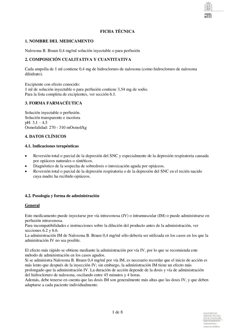 NALOXONA B. BRAUN 0,4 mg/ml: Ficha Técnica, Solución Inyectable y Para Perfusión